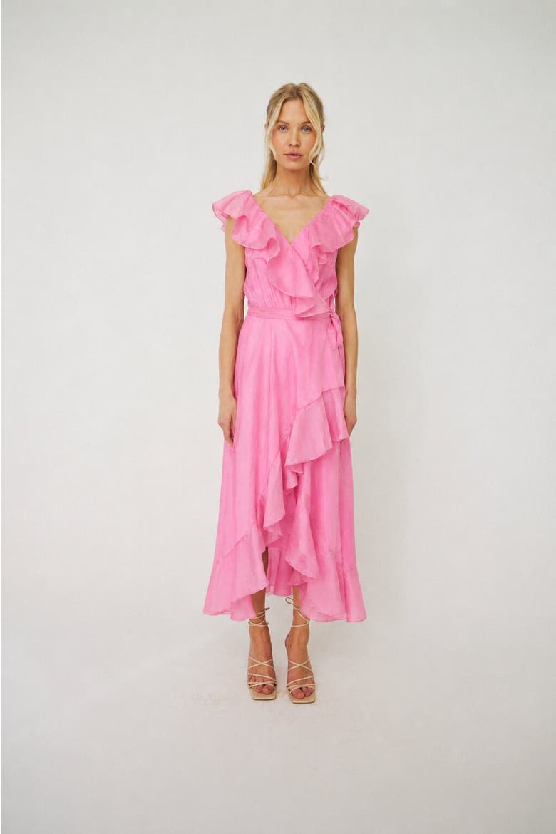 Landoncras Ruffle Detail Wrap Midi Dress, Main, color, Pink