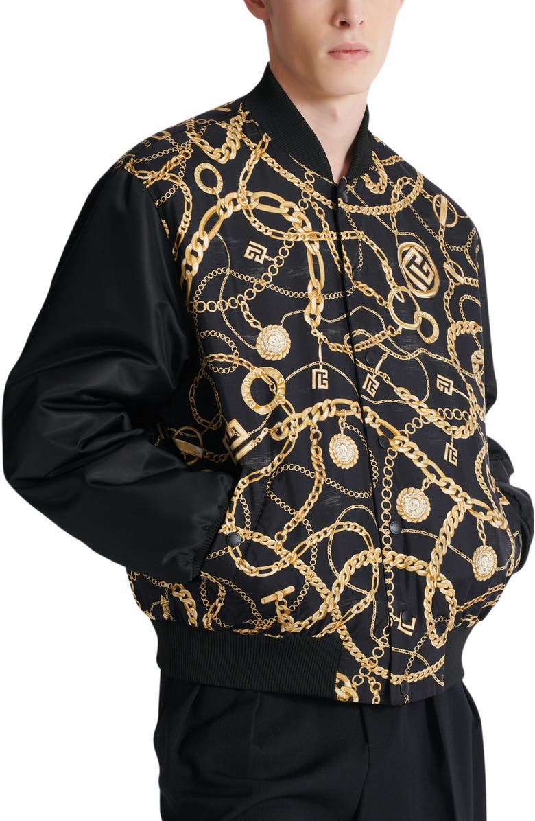 Balmain Reversible Printed Bomber Jacket With Chaînes Pattern, Alternate, color, Black