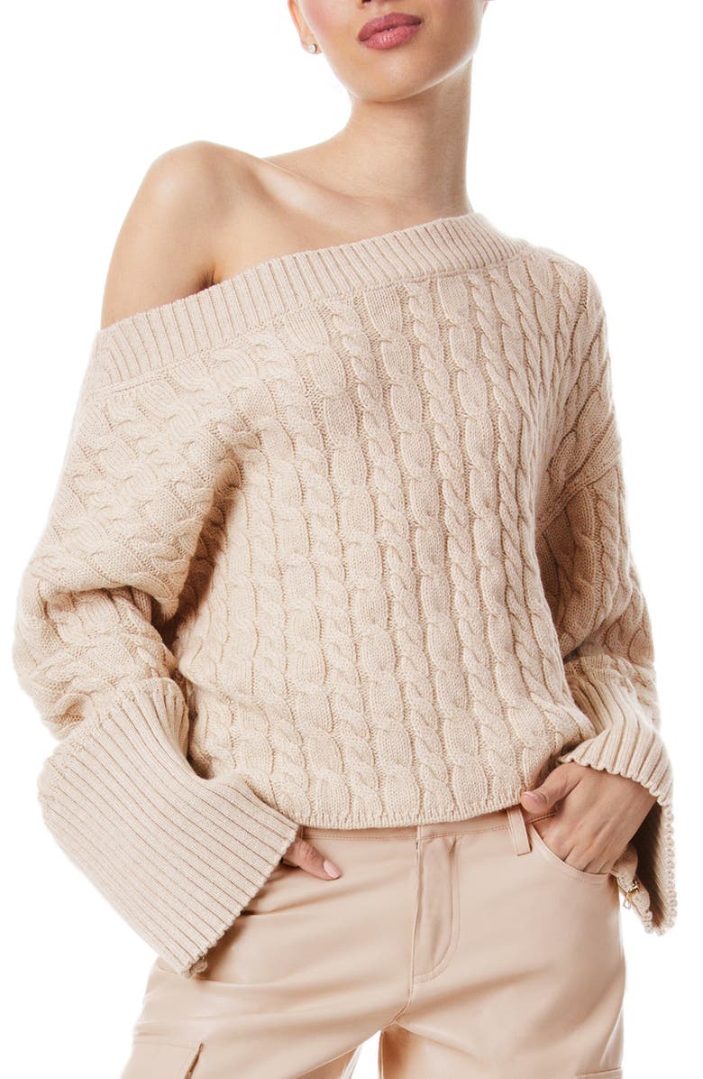 Alice + Olivia Ina Off the Shoulder Wool Blend Cable Sweater, Main, color, 