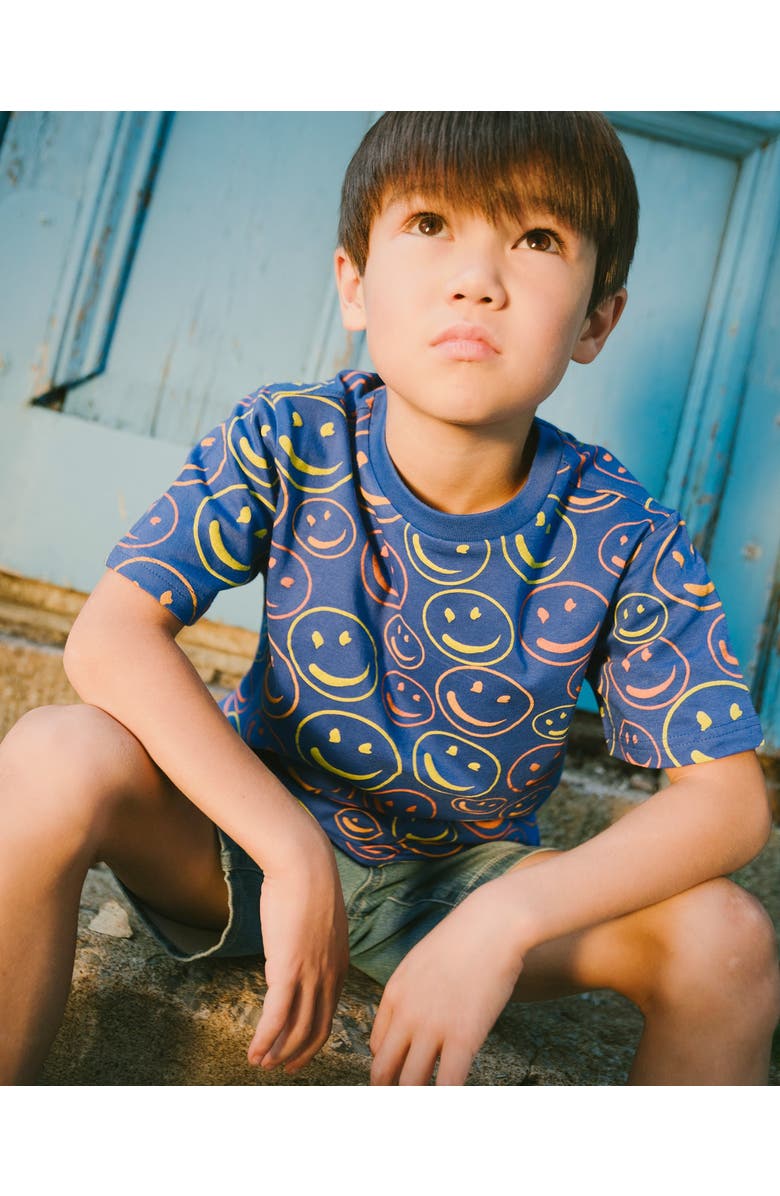 Deux par Deux Organic Cotton Jersey Smiley T-Shirt, Alternate, color, Blue Smiley Print