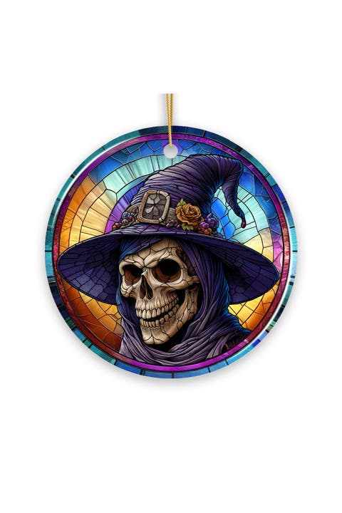 Witchy Skull Stained Glass Style Ceramic Ornament
