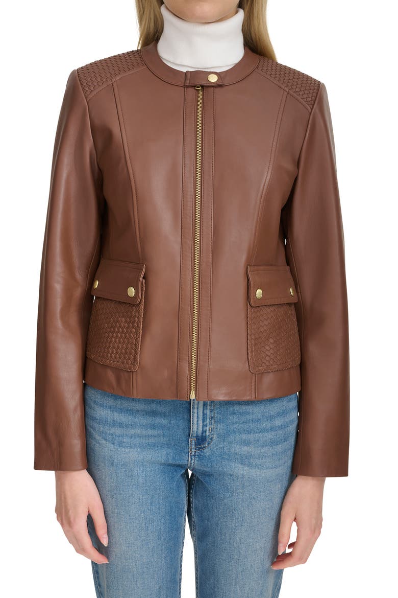 Woven Detail Leather Jacket, Main, color, HICKORY