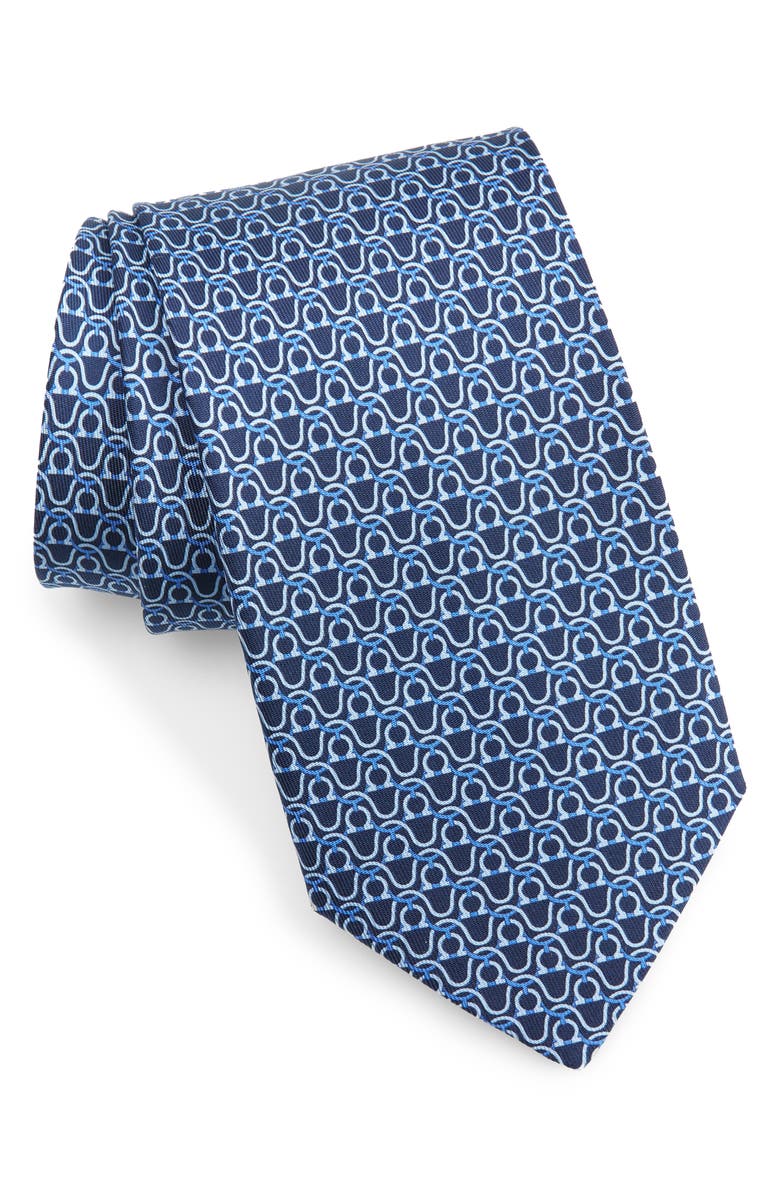 FERRAGAMO Loghi Gancini Silk Tie, Main, color, Marine