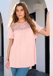 Roaman's Plus Size Lace Yoke Pleated Tunic