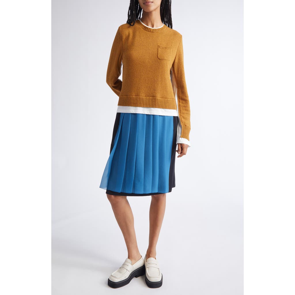 Undercover Layered Effect Long Sleeve Mixed Media Dress In Brown