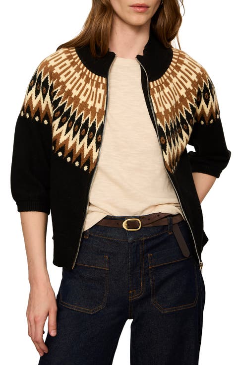 Fair Isle Front Zip Cotton Blend Cardigan