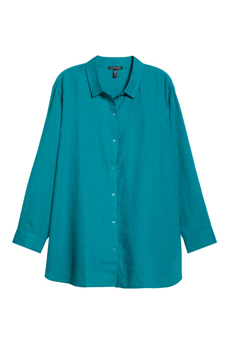 Classic Collar Organic Linen Long Button-Up Shirt, Alternate, color, TEAL