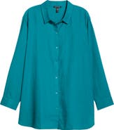 Eileen Fisher Classic Collar Organic Linen Long Button-Up Shirt