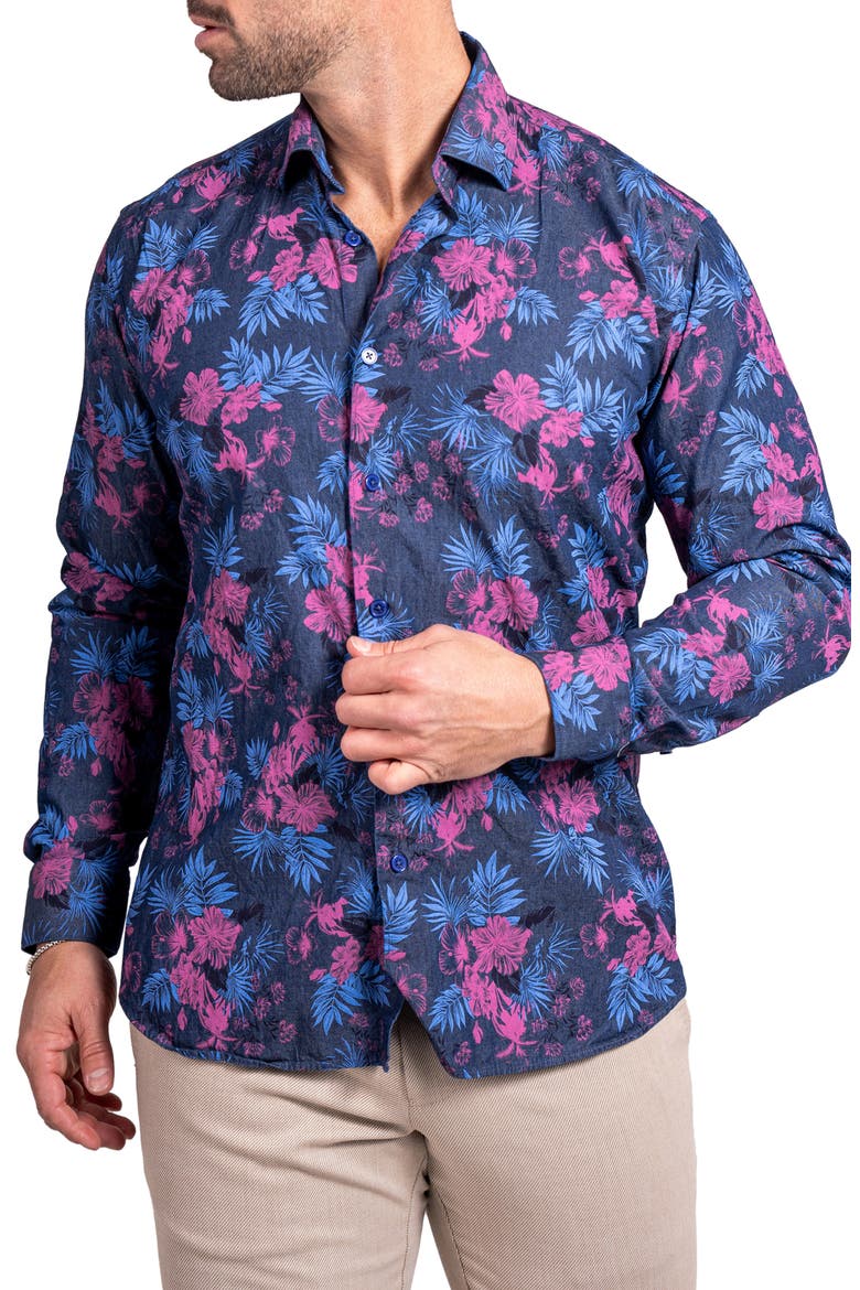 Engineered Ascension0093 Blue Floral Cotton Button-Up Shirtr, Alternate, color, BLUE