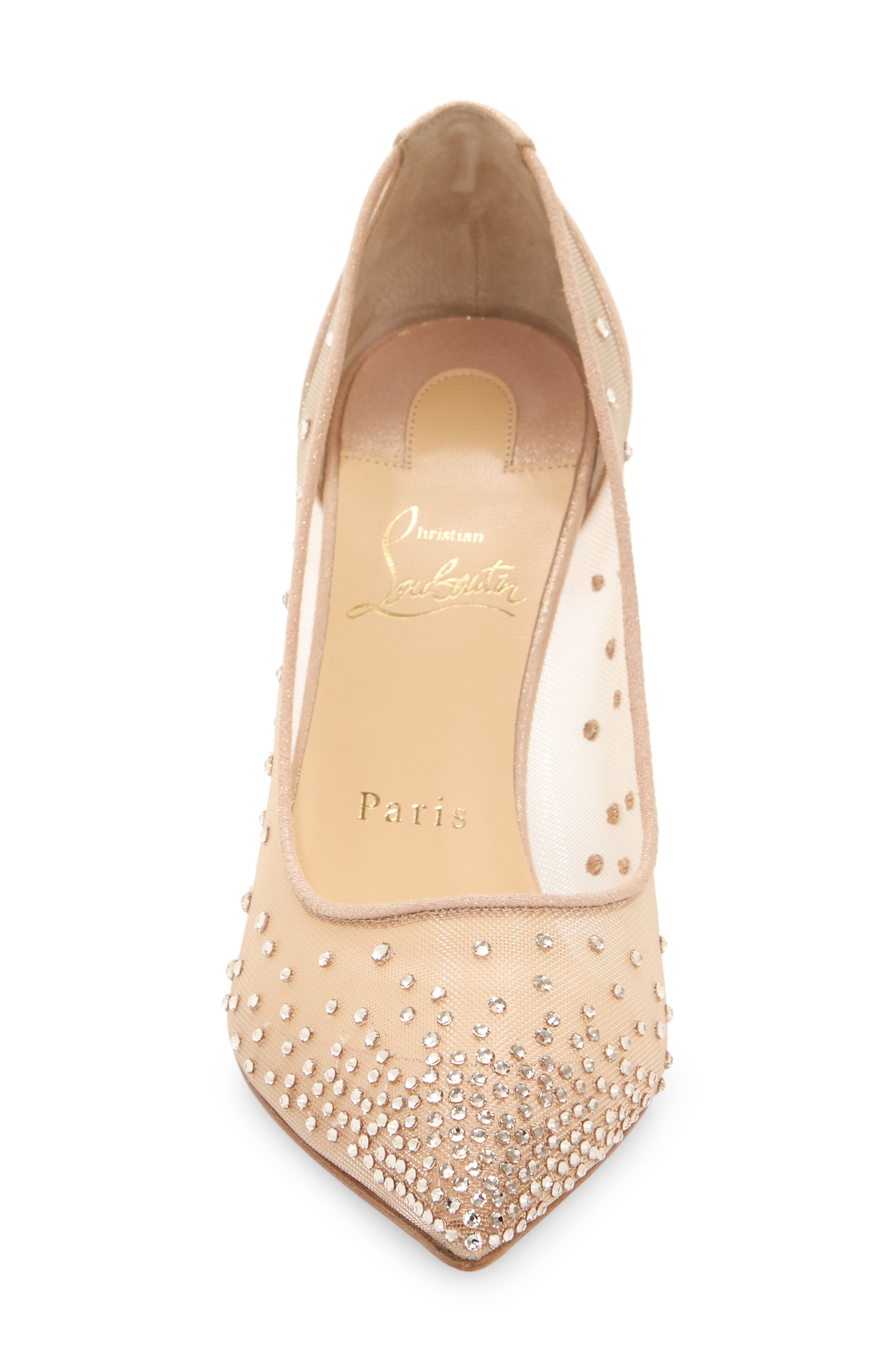 Christian Louboutin Follies Crystal Embellished Mesh Pointed Toe Pump, Alternate, color, Light Silk