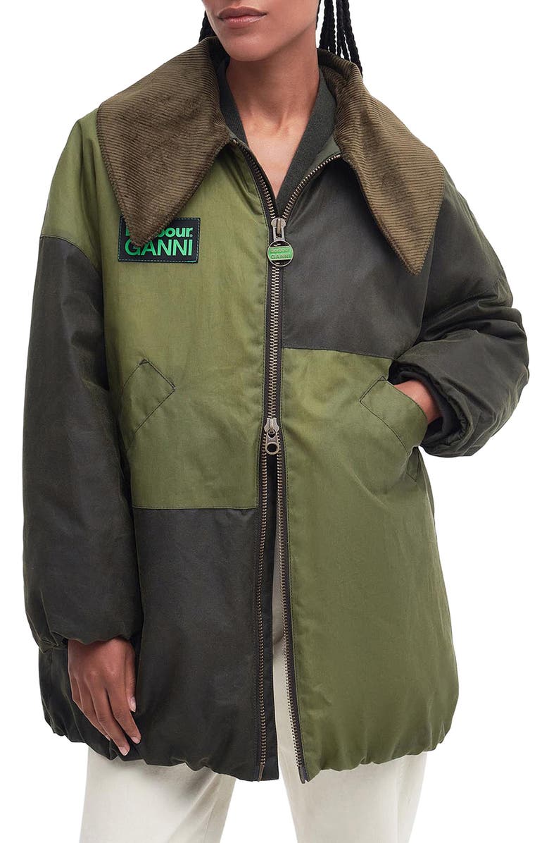 BARBOUR X GANNI Colorblock Oversize Waxed Cotton Bomber Jacket, Main, color, 