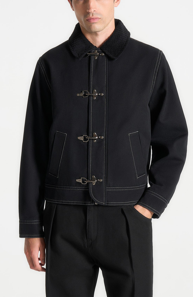 Manière De Voir Nino Clasp Detail Contrast Stitch Gabardine Jacket, Alternate, color, Black