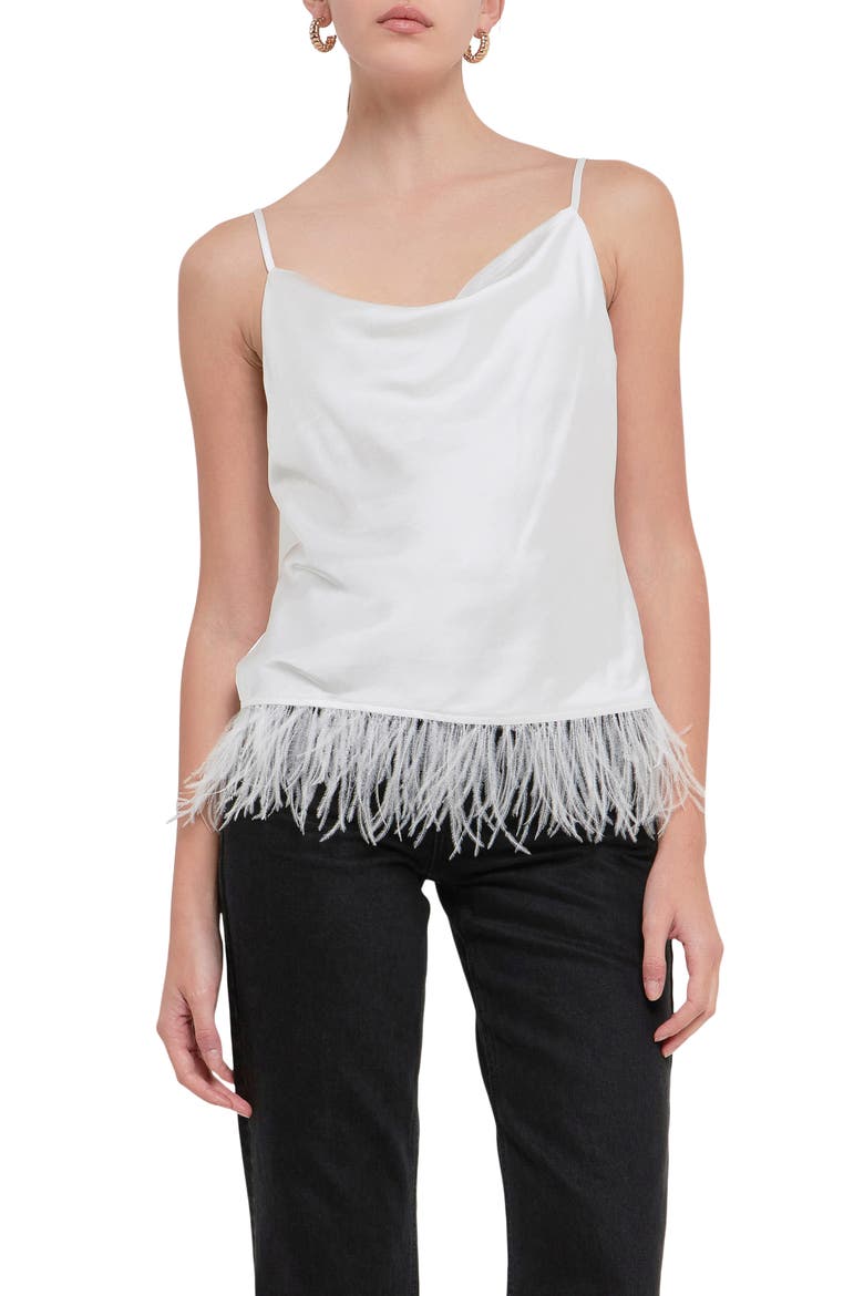 Feather Hem Satin Camisole, Main, color, WHITE