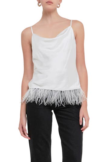 Endless Rose Feather Hem Satin Camisole In White