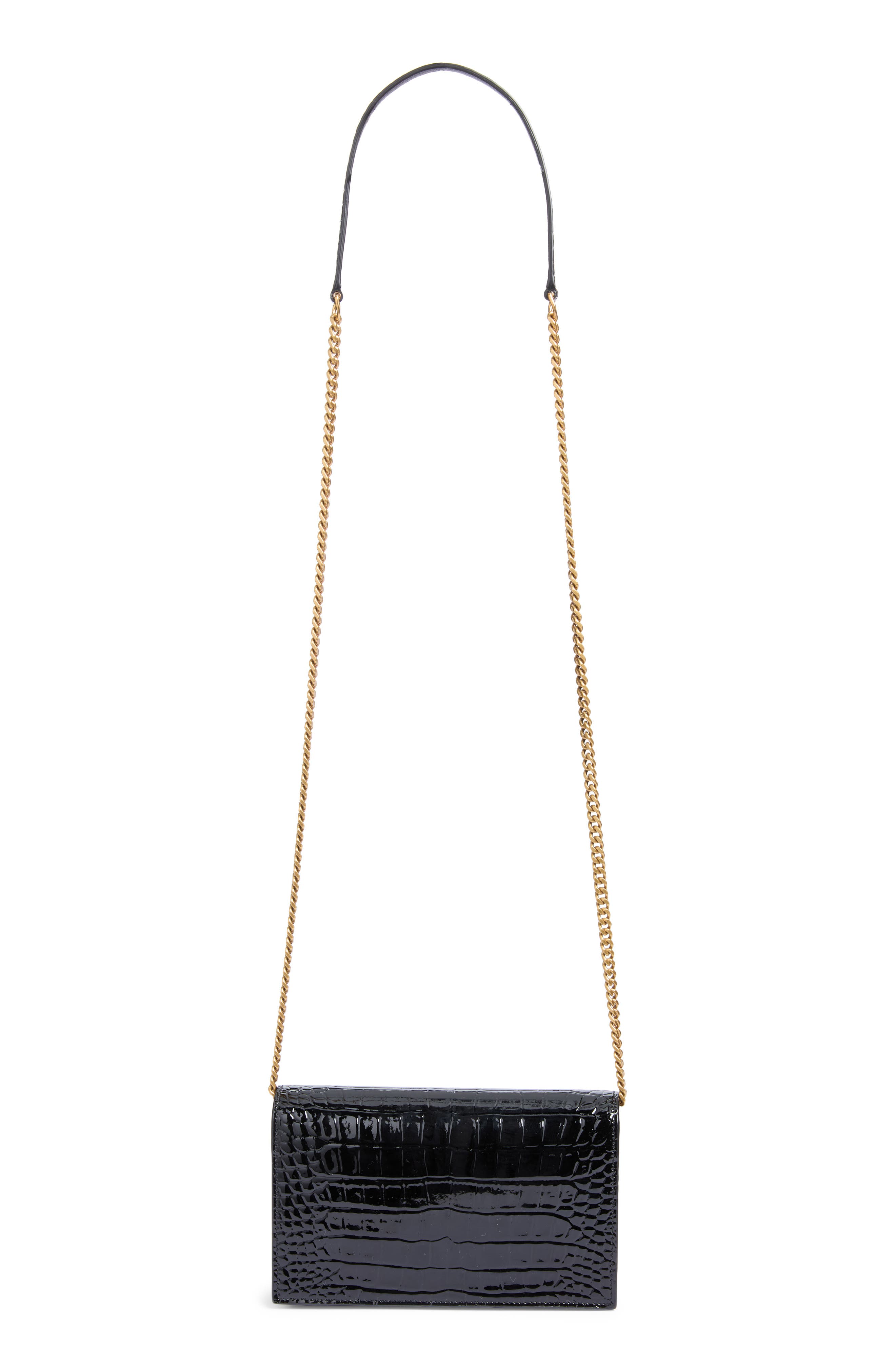 Envelope Croc Embossed Leather Wallet on a Chain, Alternate, color, NOIR