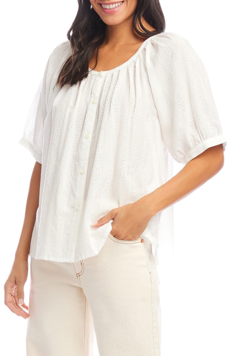 Karen Kane Embroidered Cotton Button-Up Peasant Top, Alternate, color, Off White