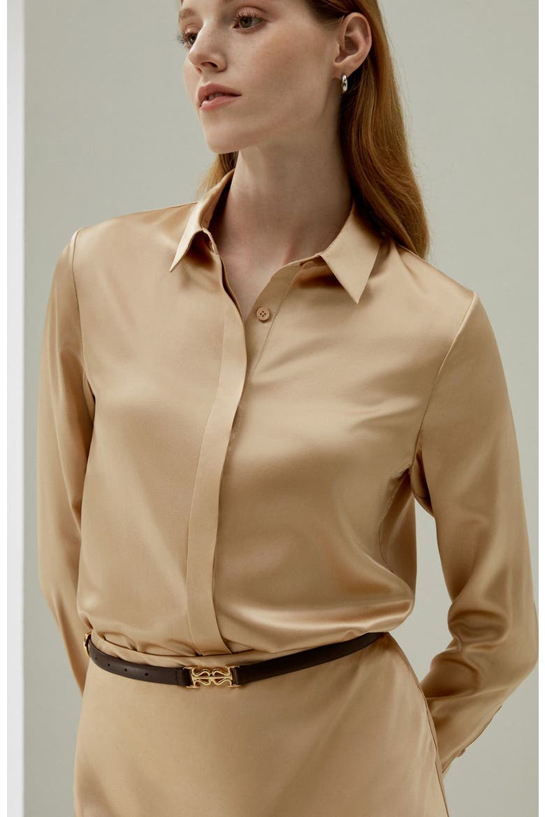 Women's Basic Concealed Placket Silk Shirt, Alternate, color, Light Camel