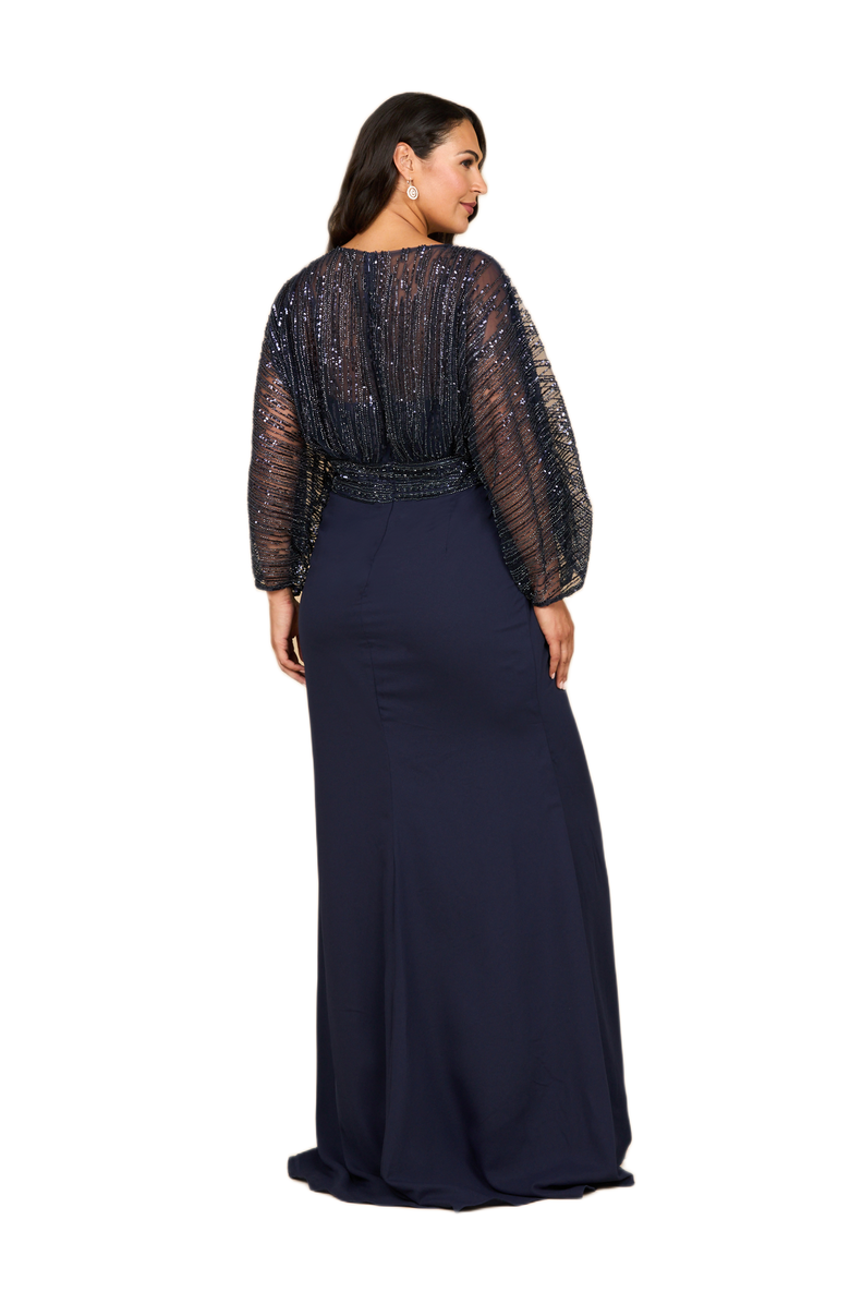 LARA New York Draped Skirt Gown with Cape Sleeves, Alternate, color, Navy