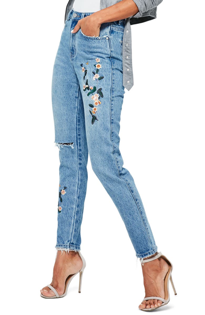 Missguided Riot Ripped High Waist Embroidered Jeans, Alternate, color,