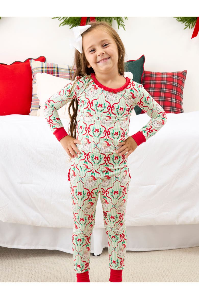 Ruffle Long Sleeve Pajama Set, Signature Rear Ruffles, Alternate, color, Green Stripe Dear Santa