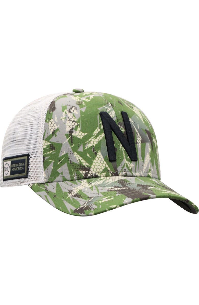 TOP OF THE WORLD Men's Top of the World Camo/White Nebraska Huskers OHT Military Appreciation Shattered Trucker Snapback Hat, Main, color,