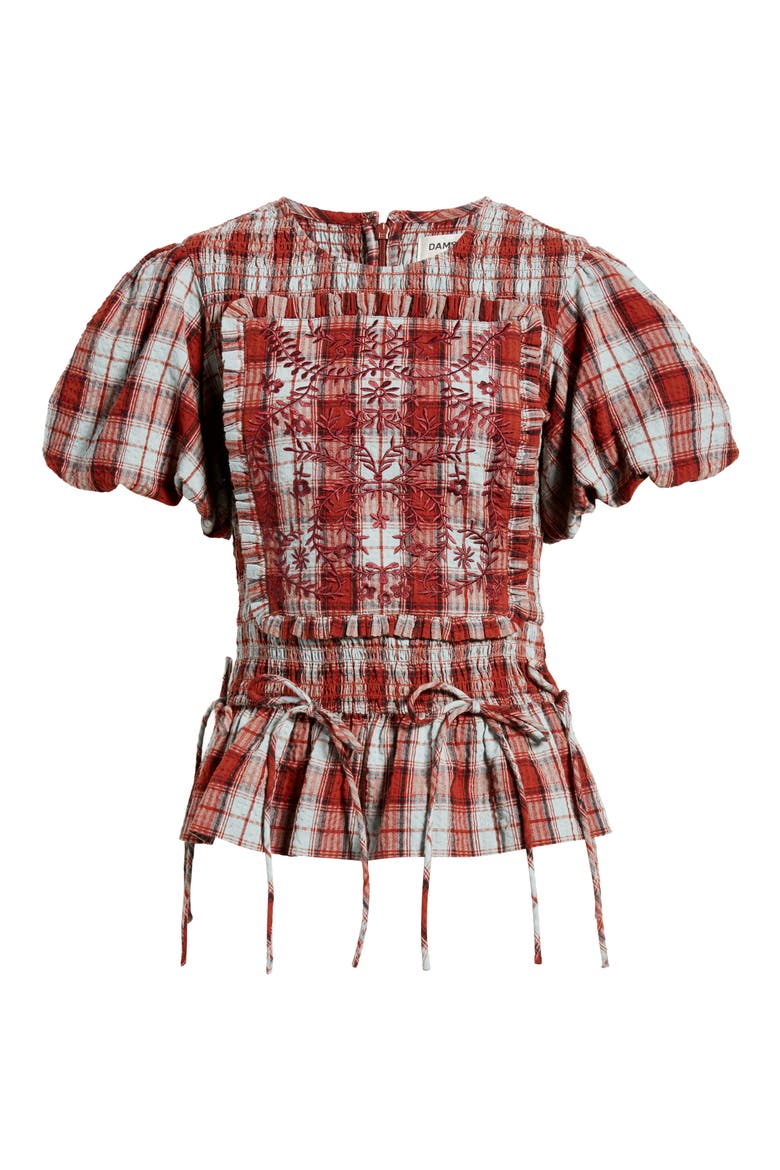 Audrey Plaid Smocked Puff Sleeve Organic Cotton Top, Alternate, color, RED/ GREY
