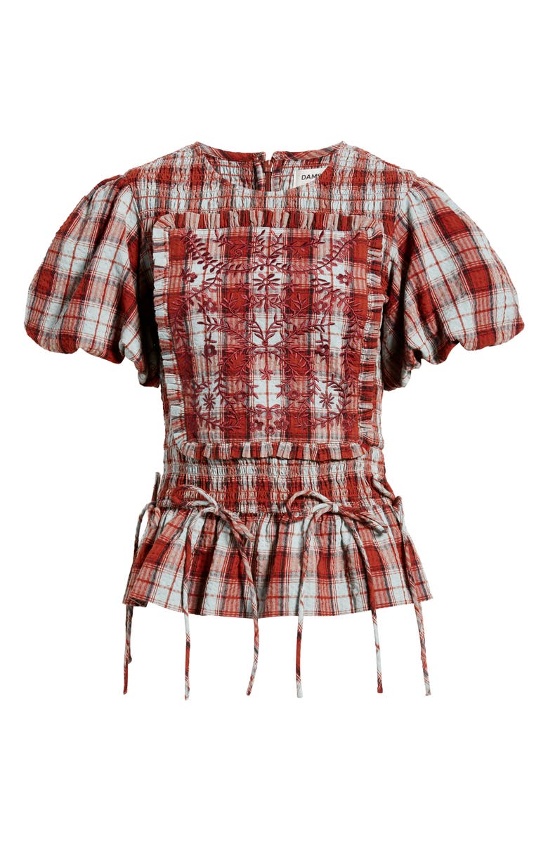 Damson Madder Audrey Plaid Smocked Puff Sleeve Organic Cotton Top, Alternate, color, Red/ Grey