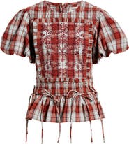 Damson Madder Audrey Plaid Smocked Puff Sleeve Organic Cotton Top