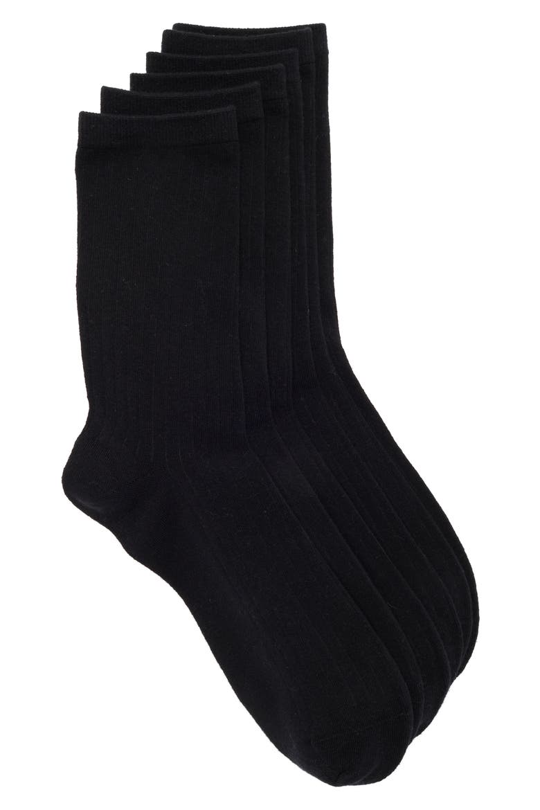 3-Pack Fine Rib Crew Socks, Main, color, BLACK