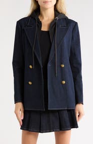 ALICE + OLIVIA Jordan Double Breasted Denim Blazer with Removable Hood
