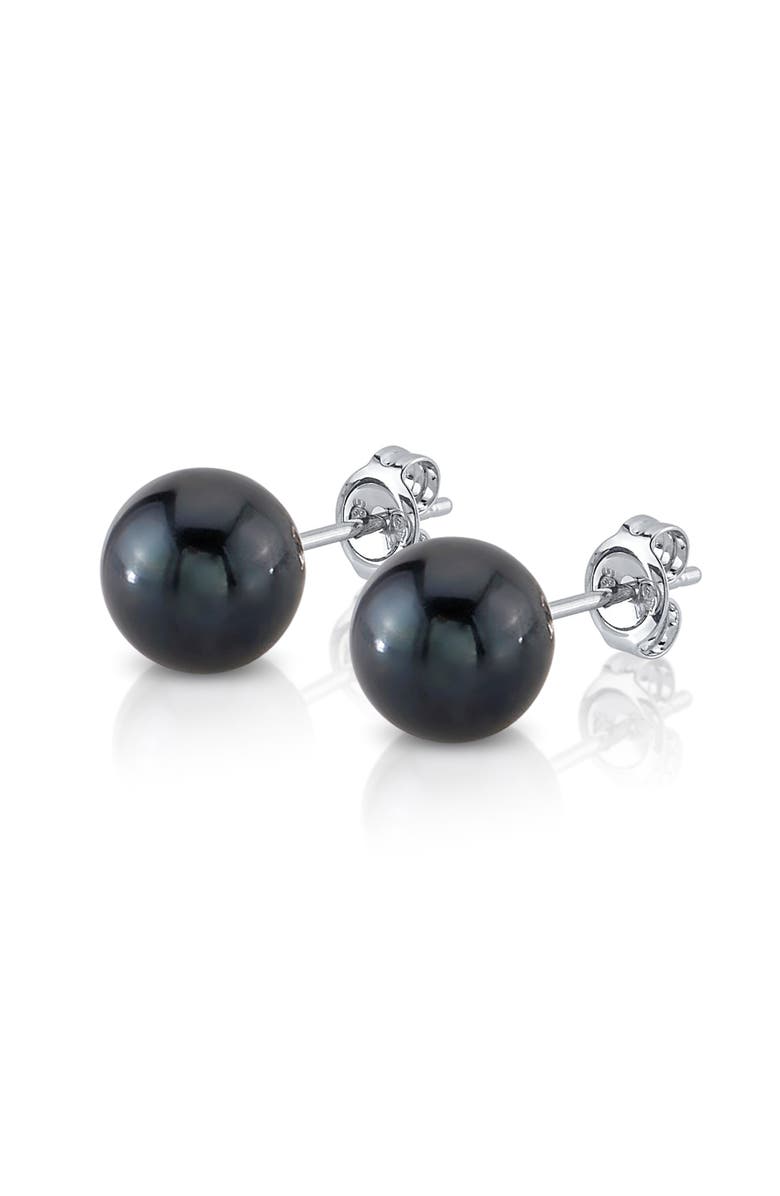 The Pearl Source Akoya Round Pearl Stud Earrings 8-8.5mm, Main, color, Black Pearl - Yellow Gold