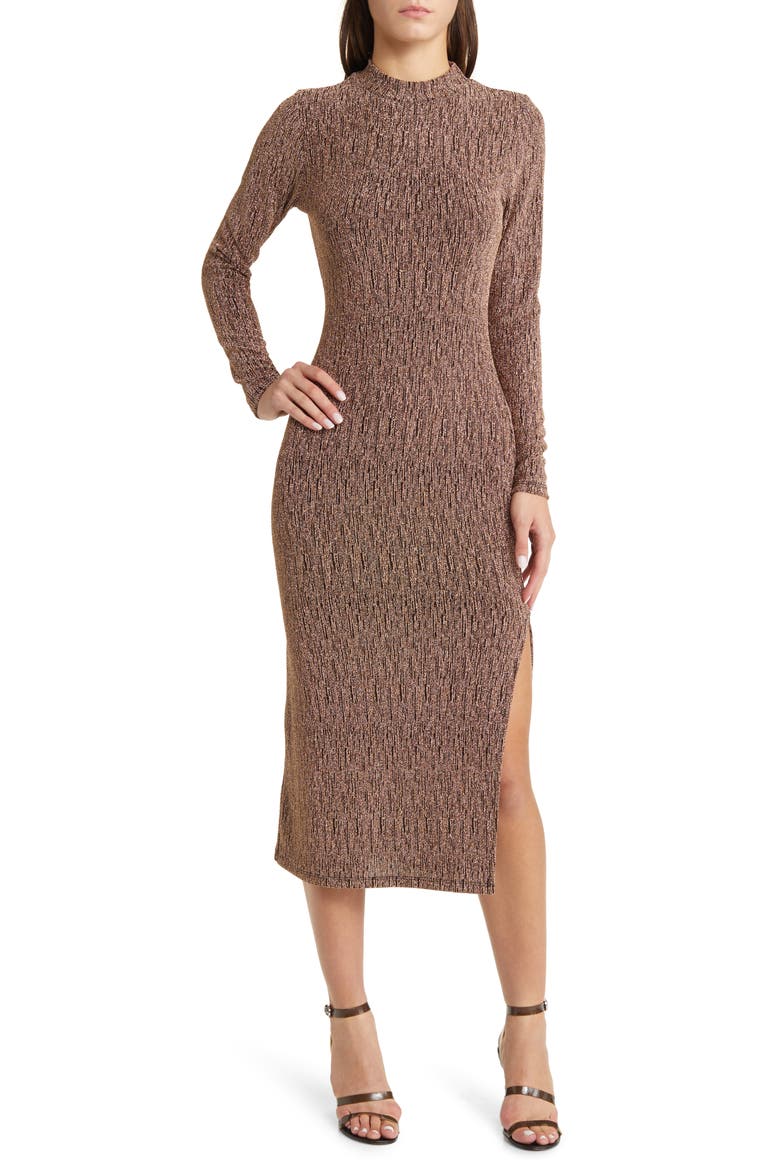 Metallic Long Sleeve Body-Con Midi Dress, Main, color, BRONZE