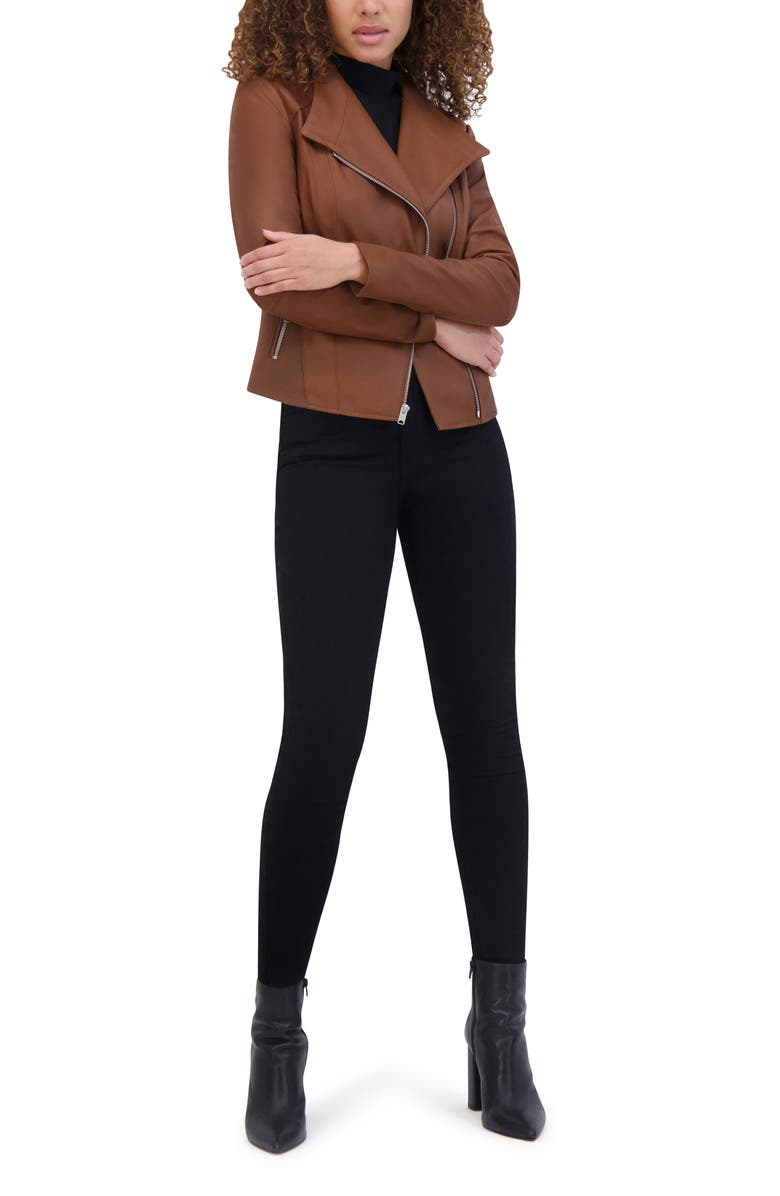 Andrew Marc Felix Leather Moto Jacket with Knit Panels, Alternate, color, Whiskey