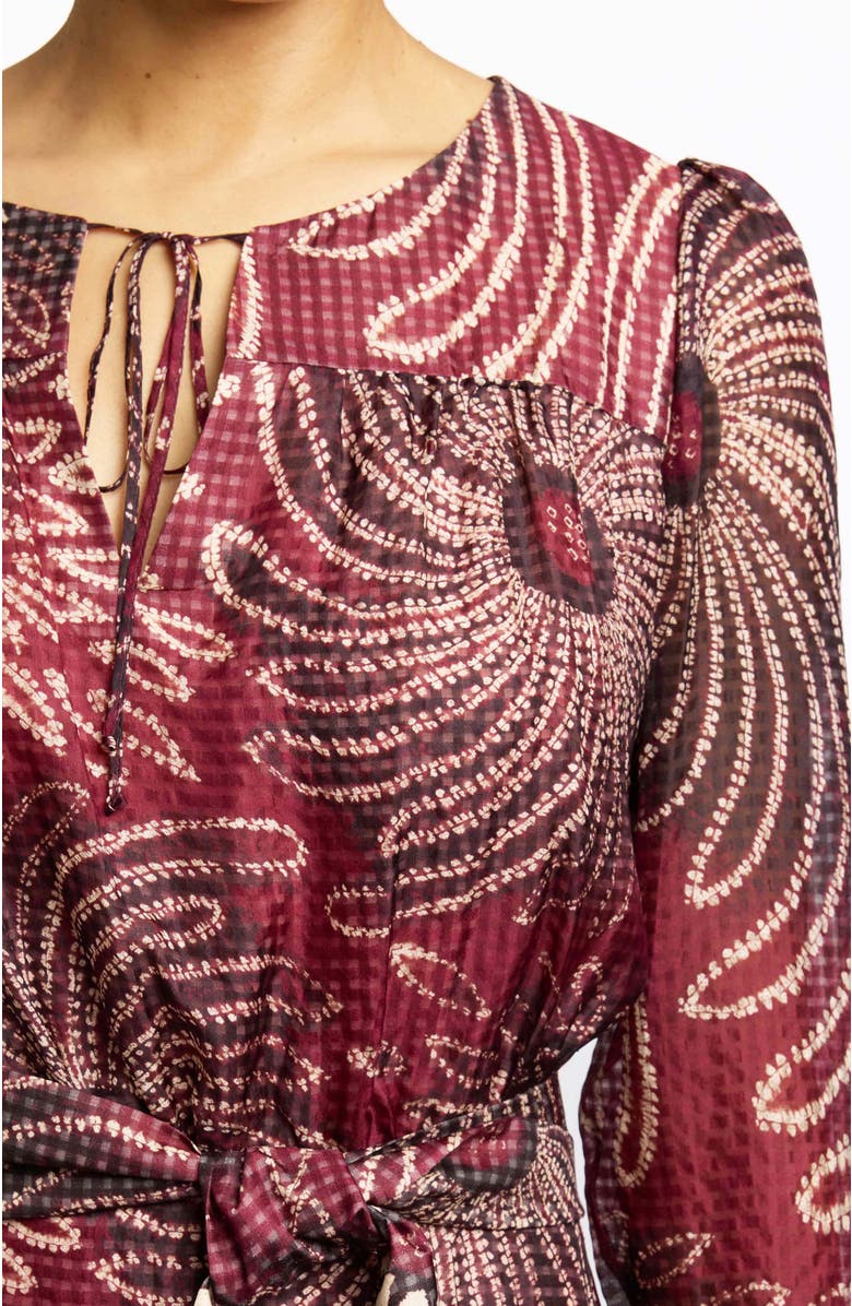 Santorelli Tessa Long Sleeve Midi Fit and Flare Dress in Gingham Floral Silk Print, Alternate, color, Cherry Cola