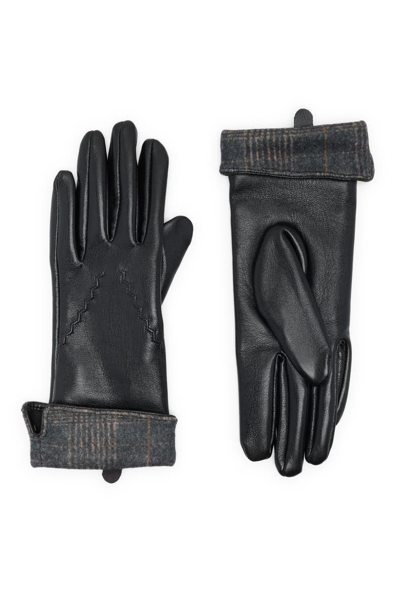Plaid Cuff Faux Leather Gloves, Main, color, BLACK
