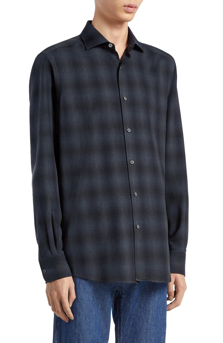 ZEGNA Cashco Plaid Cotton & Cashmere Button-Up Shirt, Alternate, color, 