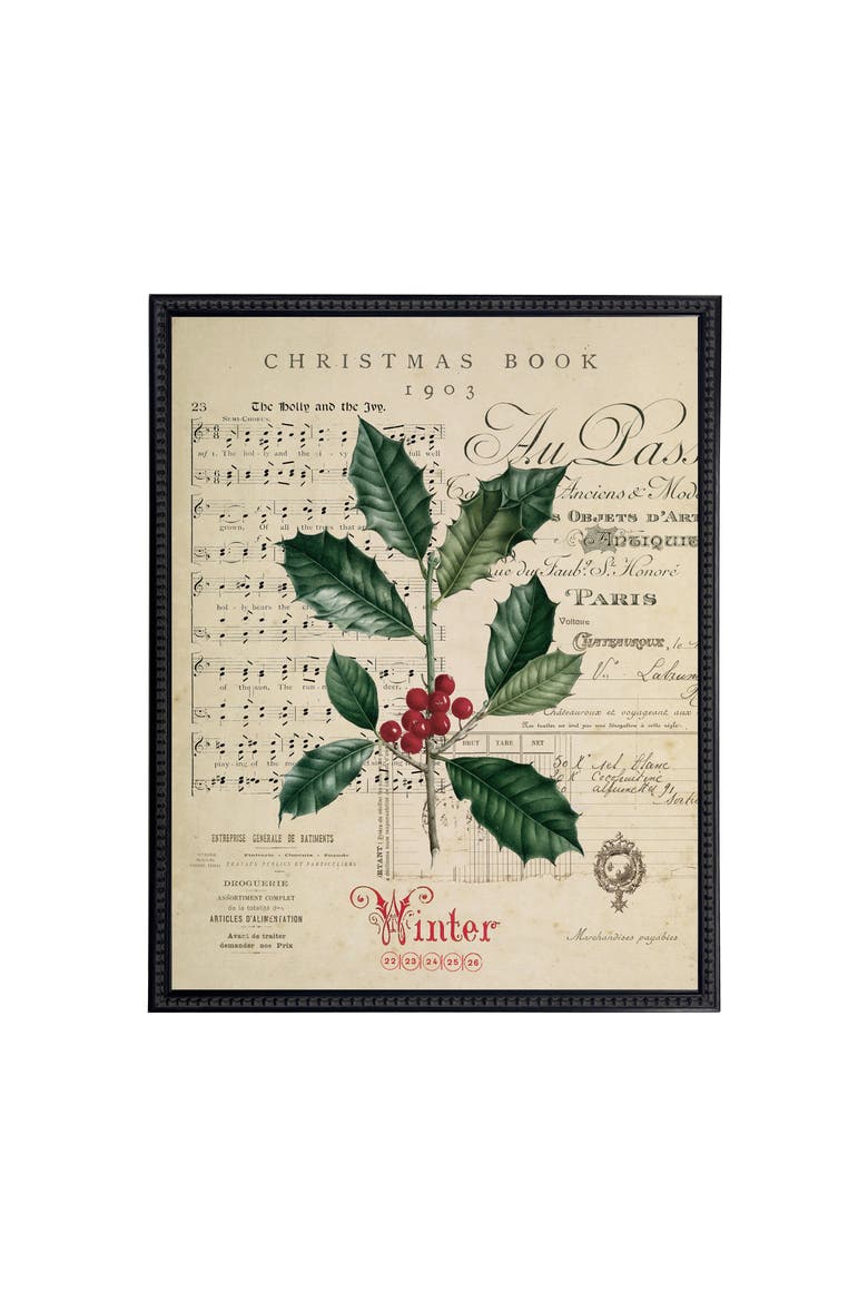 Vintage Painting of Holly on a distressed bookplate background, Main, color, Beige / Green