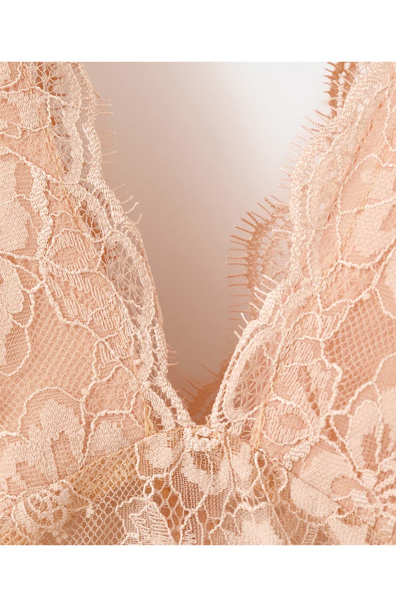 MANGO Amor Plunge Neck Ruffle Trim Lace Top, Alternate, color, Light Beige