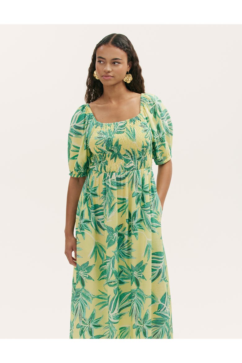 Enzo Short Sleeve Floral Midi Dress, Alternate, color, Lime Tropical Bloom