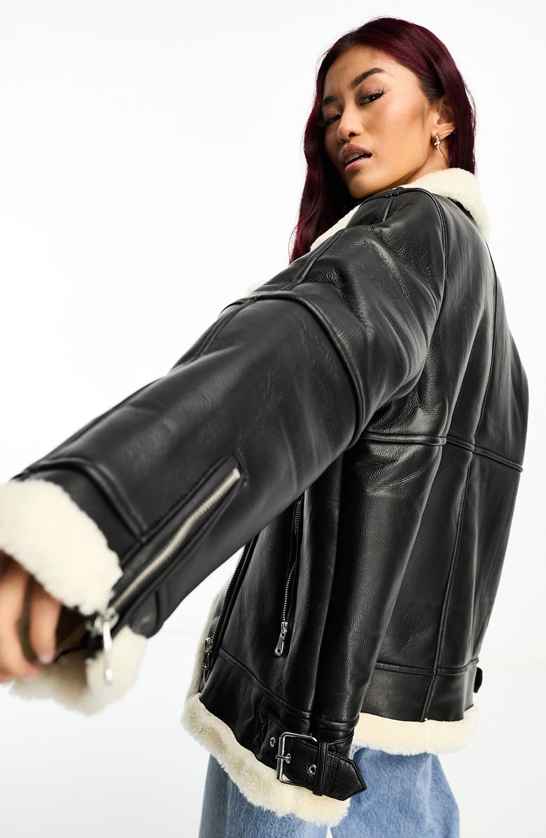 ASOS DESIGN Faux Leather & Faux Fur Aviator Jacket, Alternate, color, 