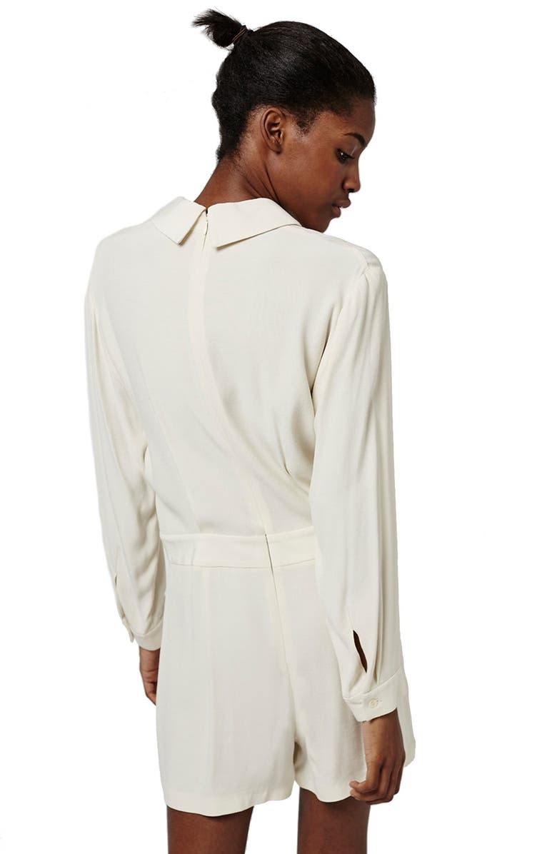 Topshop Lace-Up Long Sleeve Romper, Alternate, color, Cream
