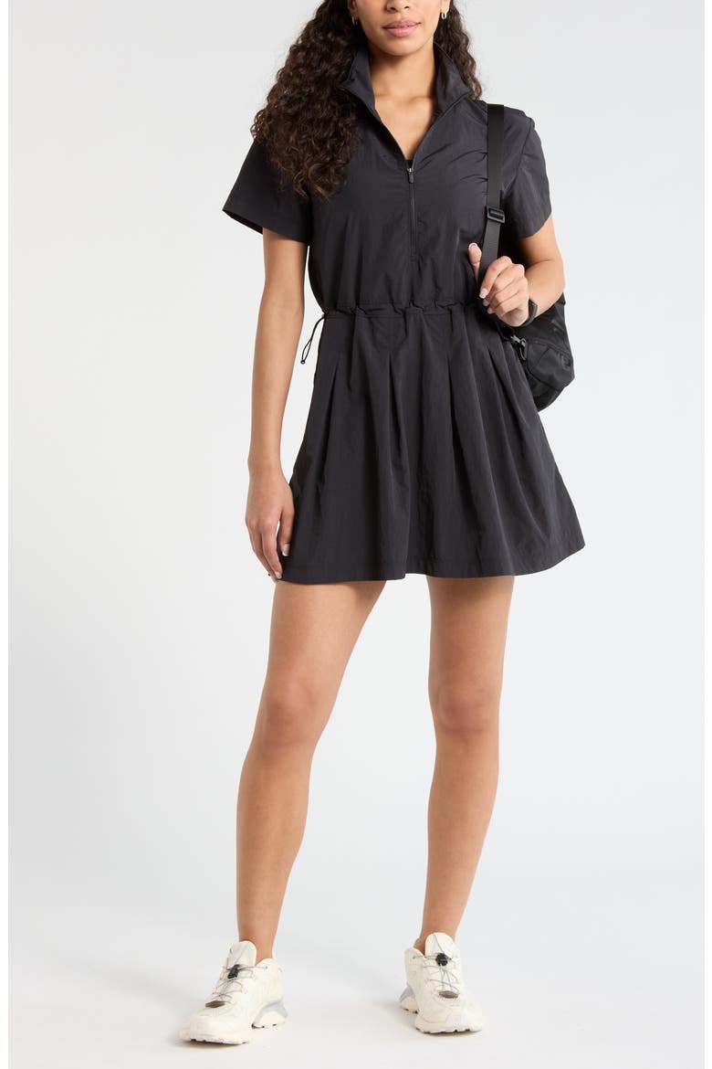Nylon Pleated Fit & Flare Dress, Alternate, color, BLACK