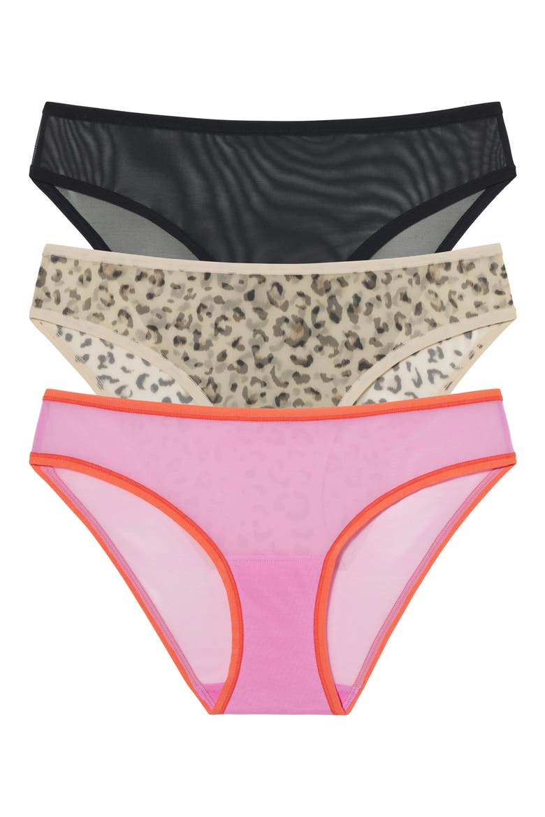 Spellbound Assorted 3-Pack Mesh Bikinis, Main, color, BLACK/ LEO/ PINK