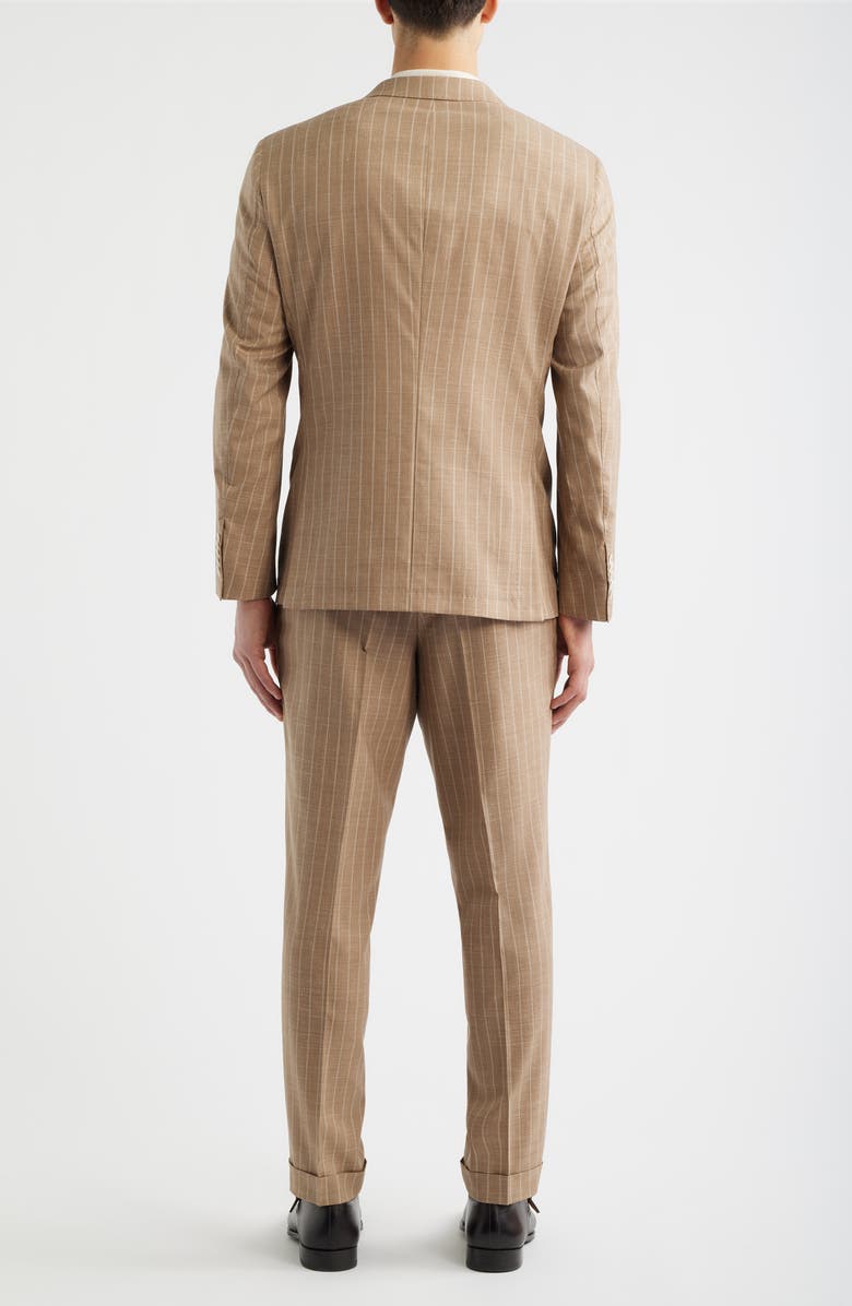 BOSS Camel Heston Slim Fit Pinstripe Wool Blend Double Breasted Suit, Alternate, color, Medium Beige