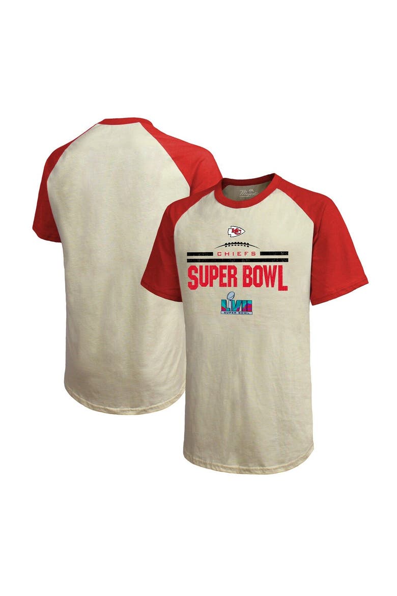 Men's Majestic Threads Cream/Red Kansas City Chiefs Super Bowl LVII Goal Line Stand Raglan T-Shirt, Main, color, Cream