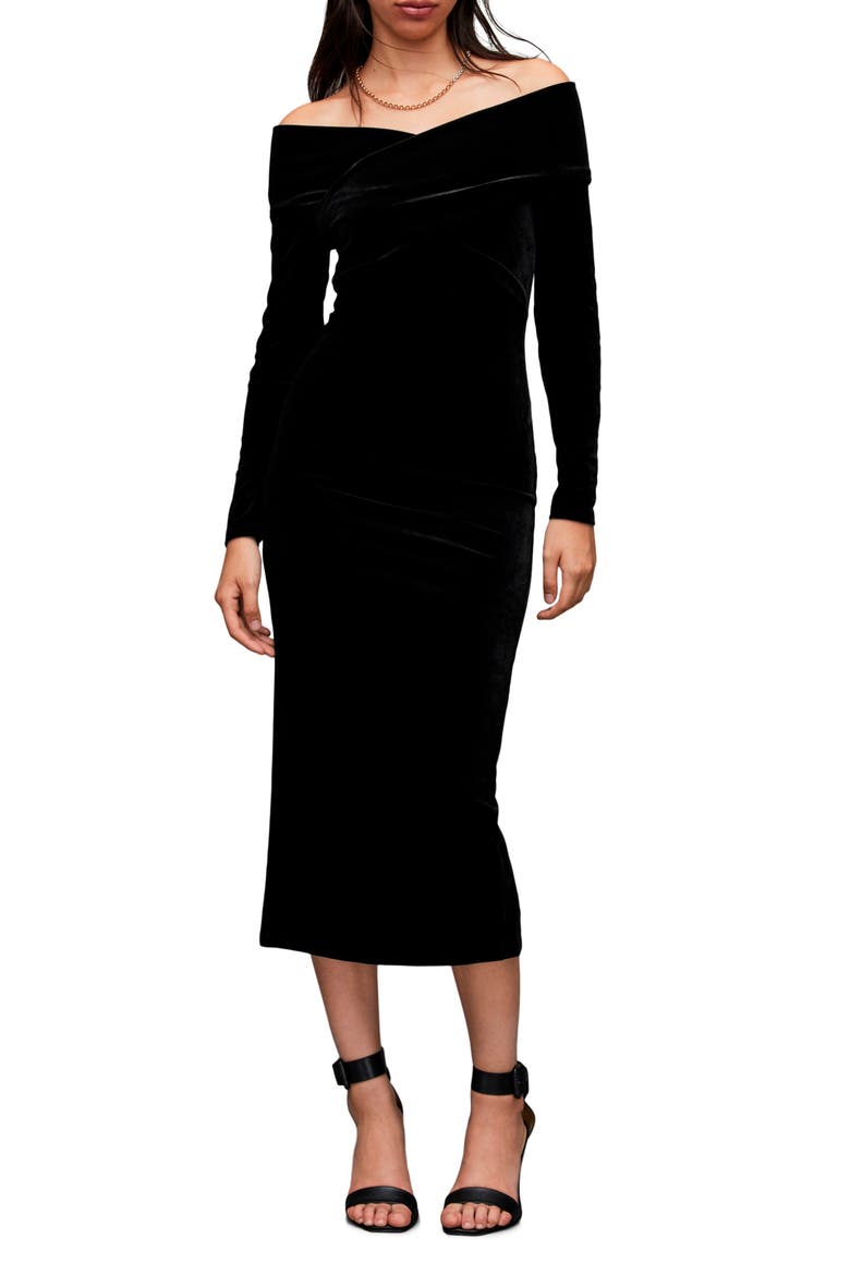 Delta Off the Shoulder Long Sleeve Velvet Midi Dress, Alternate, color, BLACK