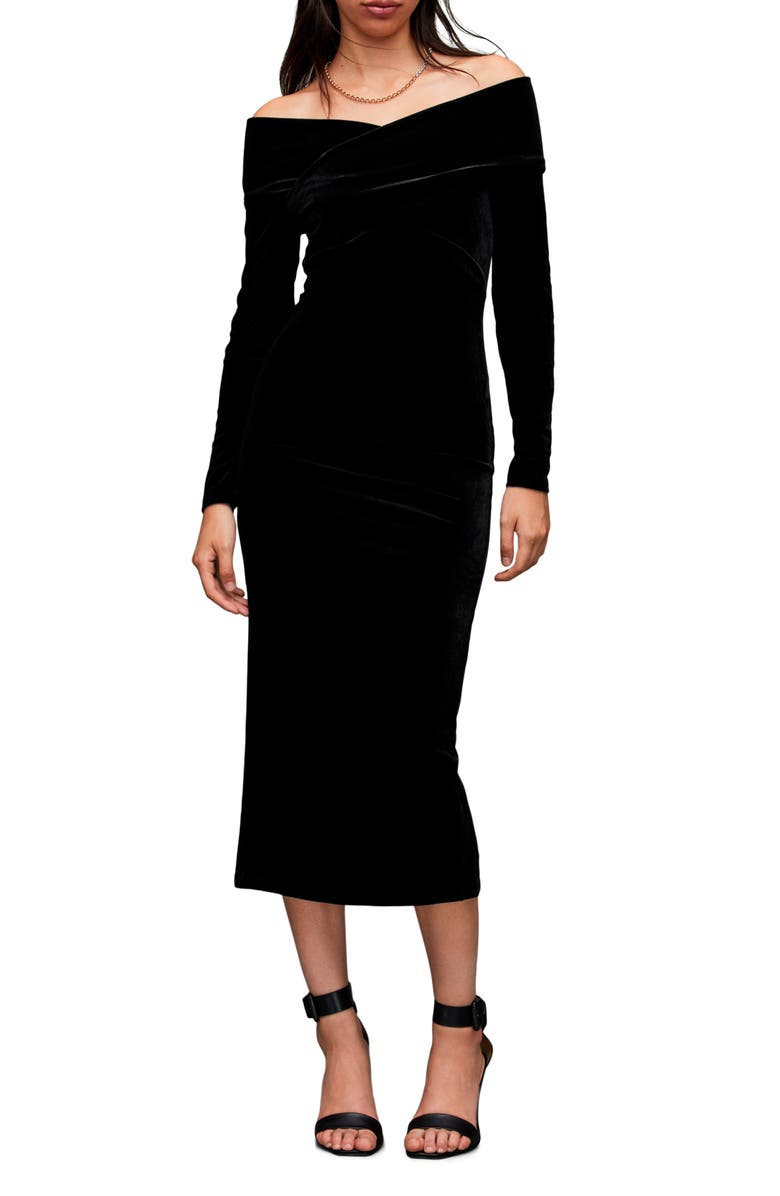 AllSaints Delta Off the Shoulder Long Sleeve Velvet Midi Dress, Alternate, color,