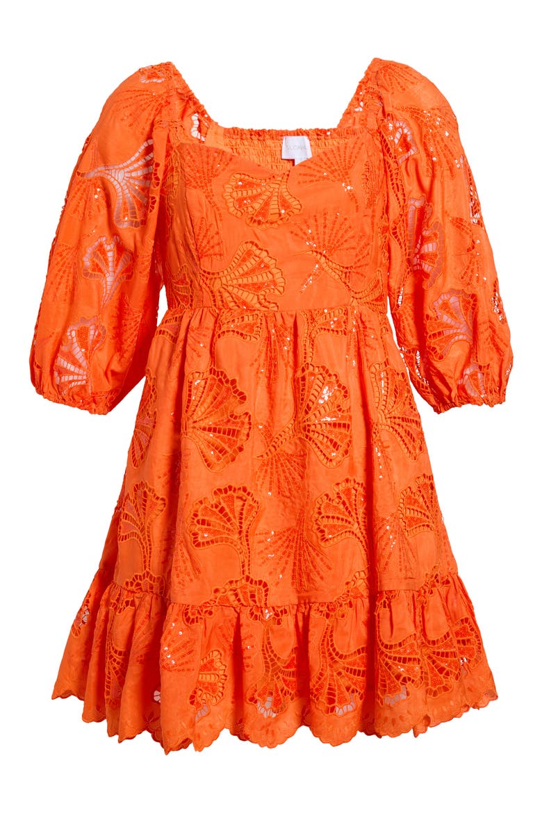 Sequin Detail Cotton Eyelet Babydoll Dress, Alternate, color, ORANGE