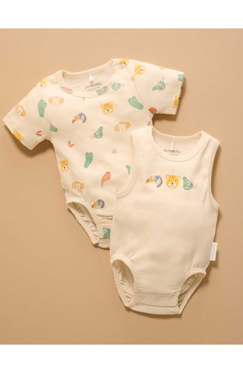 Purebaby 2 Pack Short Sleeve Ribbed Bodysuit Animal, Alternate, color, Fiesta Heads Print