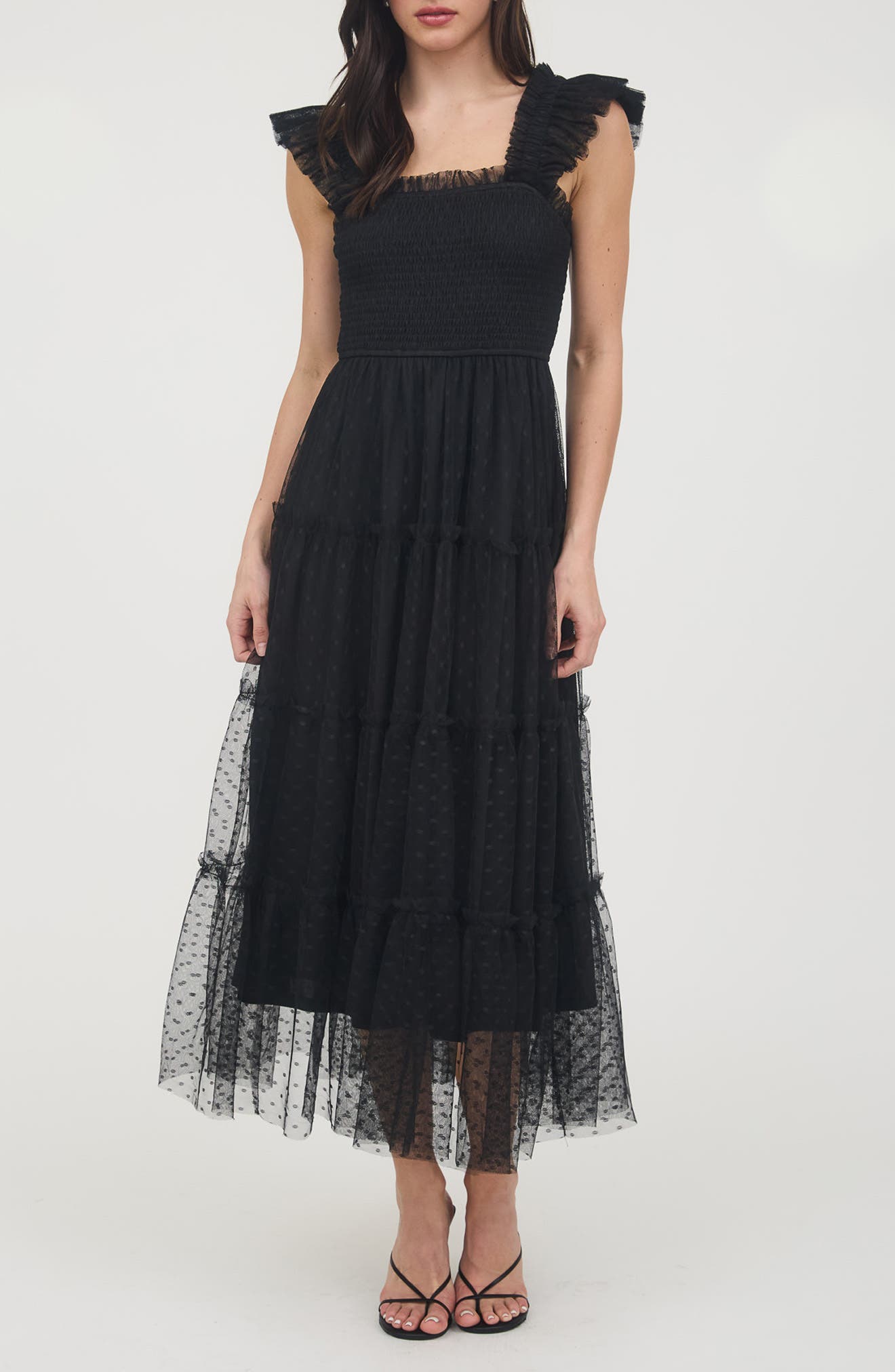 Mesh Smocked Tiered Midi Dress